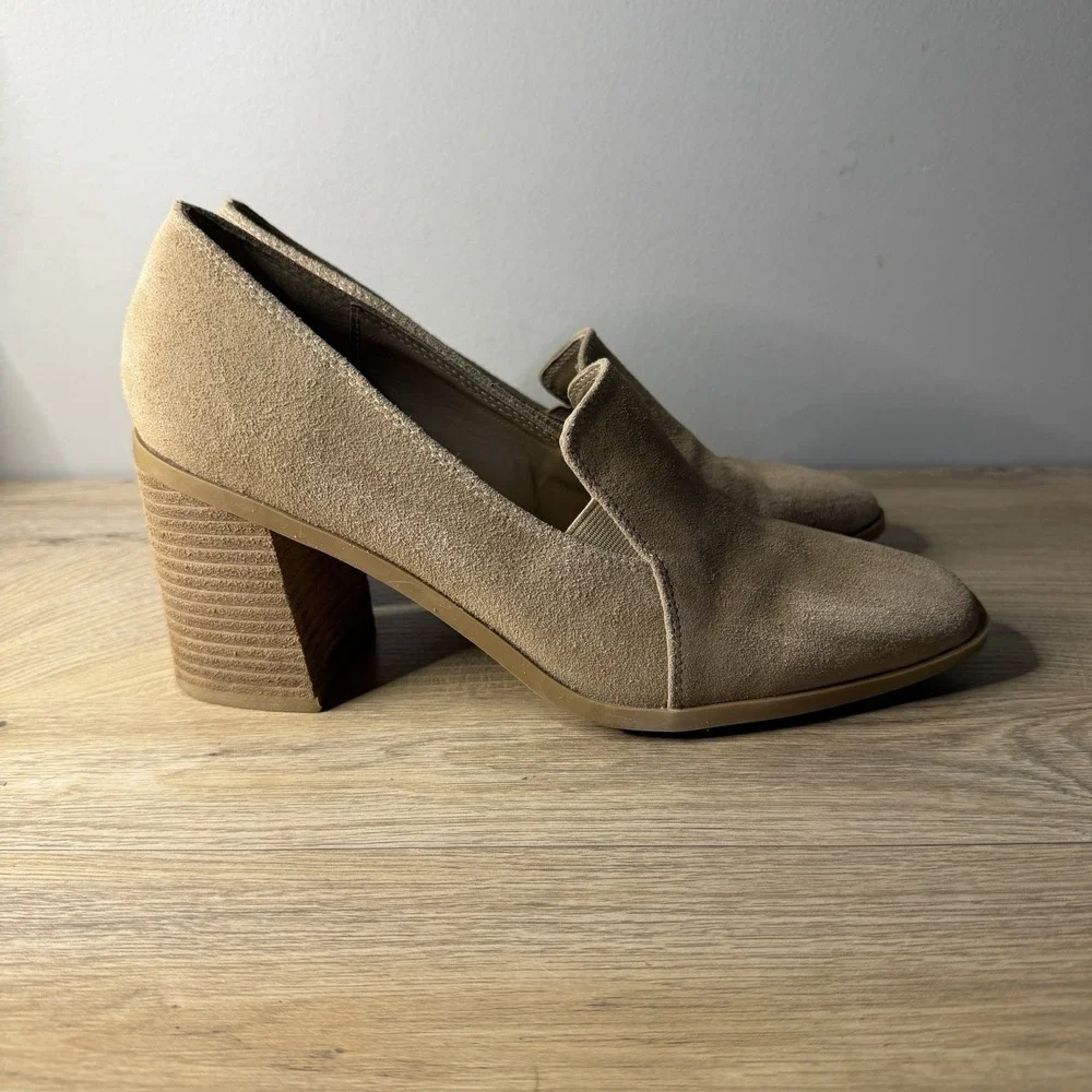 Joie Heeled Loafers Tan Suede Square Toe Block‎ Heel Slip On Mules 8.5 Career